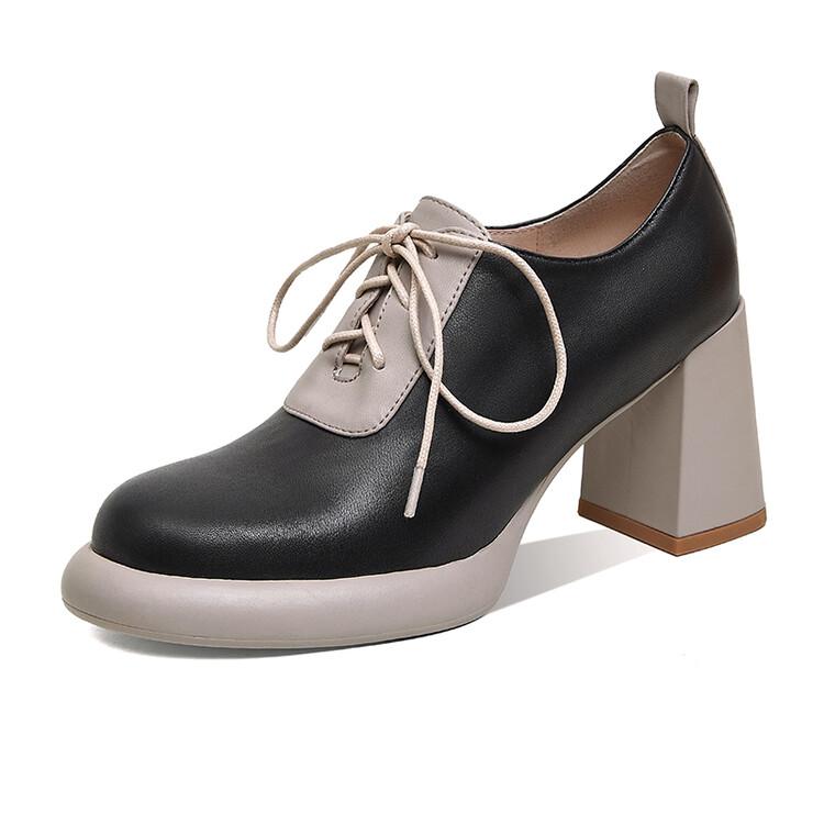 

Fashion NEW Spring Women Shoes Round Toe High heels Genuine Leather Chunky Heel Women Pumps Lace Up Mixed Color Platform Shoes for Women 40 чорний