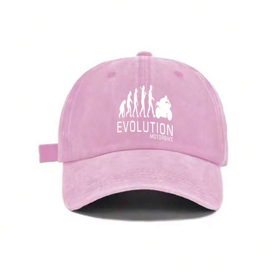 Washed Gray Baseball Cap With Evolution Motorbike Print Adjustable Snapback Hat Casual Streetwear Outdoor Sun Protection