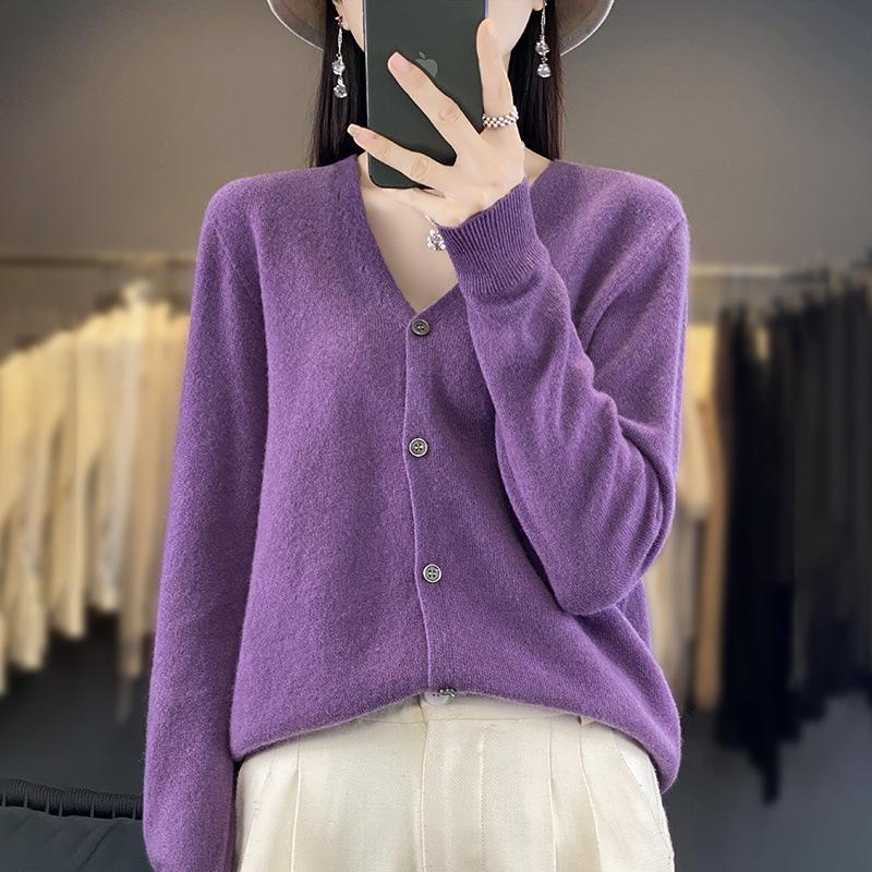 Women's Wool Knit Collar Cardigan: Slim-Fit, Long Sleeve, Loose Outerwear for Autumn and Winter.