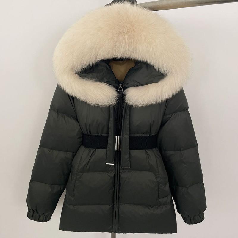 Womens Mid-Length Hooded Down Coat With Real Fox Fur Trim Slim Fit Warm Winter Outerwear Urban Commute Outdoor