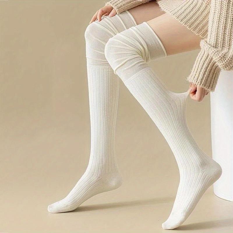 Women's Knee-High Socks - High Elasticity Thin Long Stacked Solid Color Polyester Stockings, All-Season Machine Washable