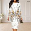 Women Plus Size Round Neck Long Sleeve Black Printed Bodycon Midi Dress
