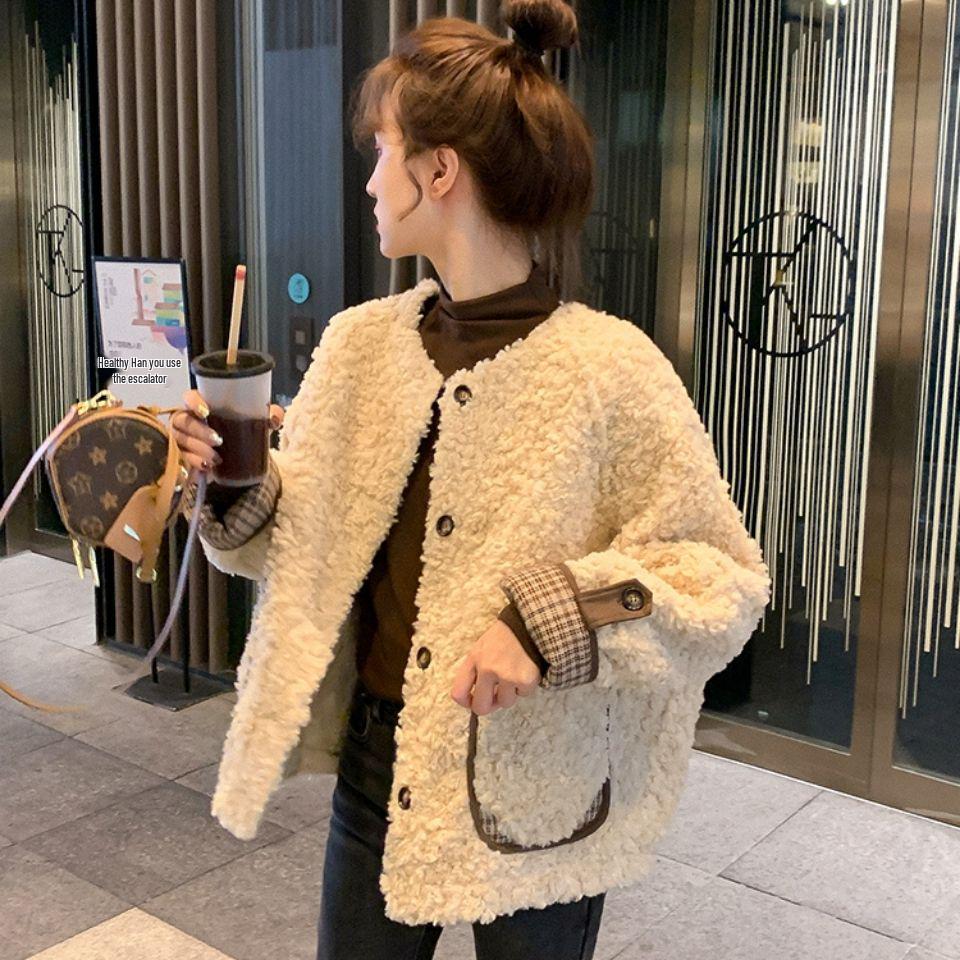 2025 Korean Style Women’s Short Casual Lamb Wool Coat with Velvet, Winter Fragrance