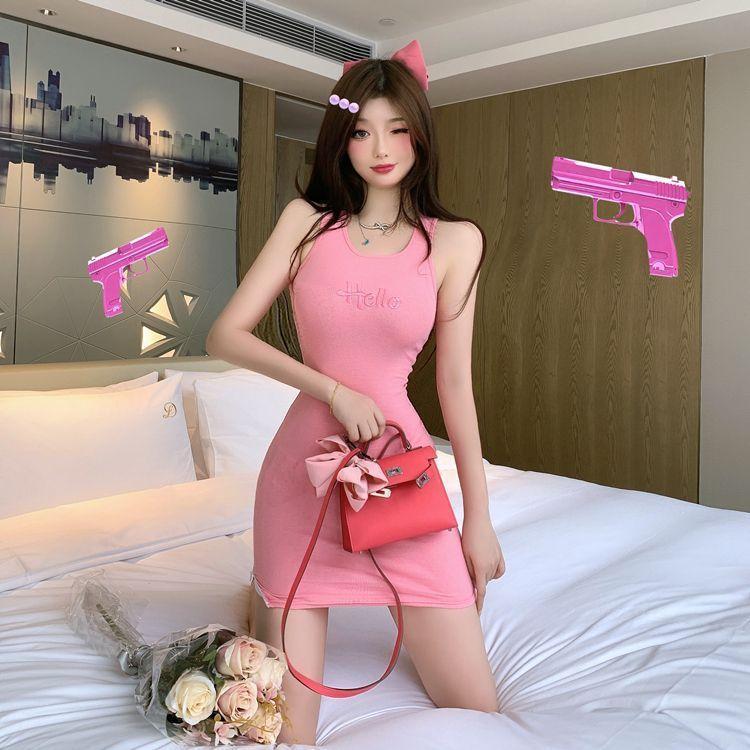 Fashion Sexy Spice Girl Letter Suspender Dress Women's Summer Slim and Thin Design Sense Niche Hip-wrapped Short Skirt