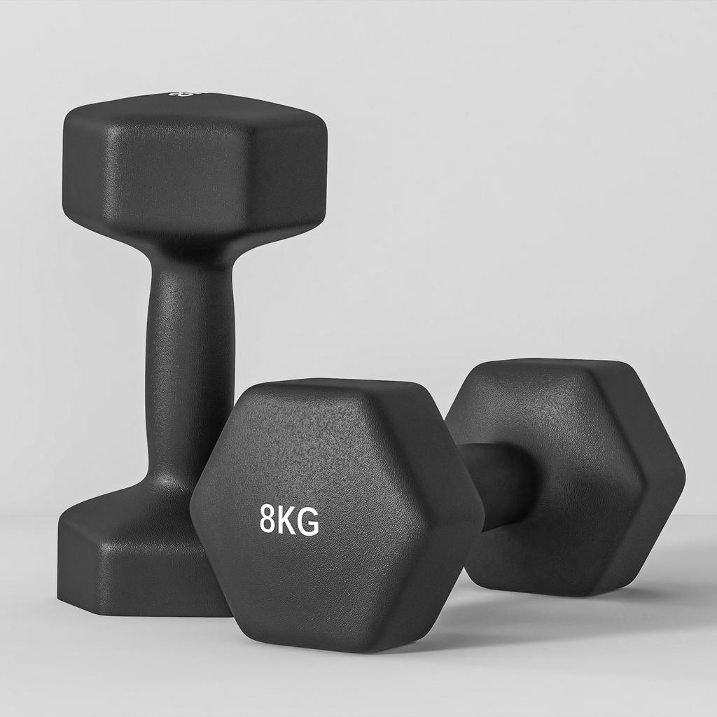 Set of 2 Hexagonal Dumbbells 2x8 Kg In Metal and Plastic with Non-Slip Grip, 24x11x11 Cm, Black