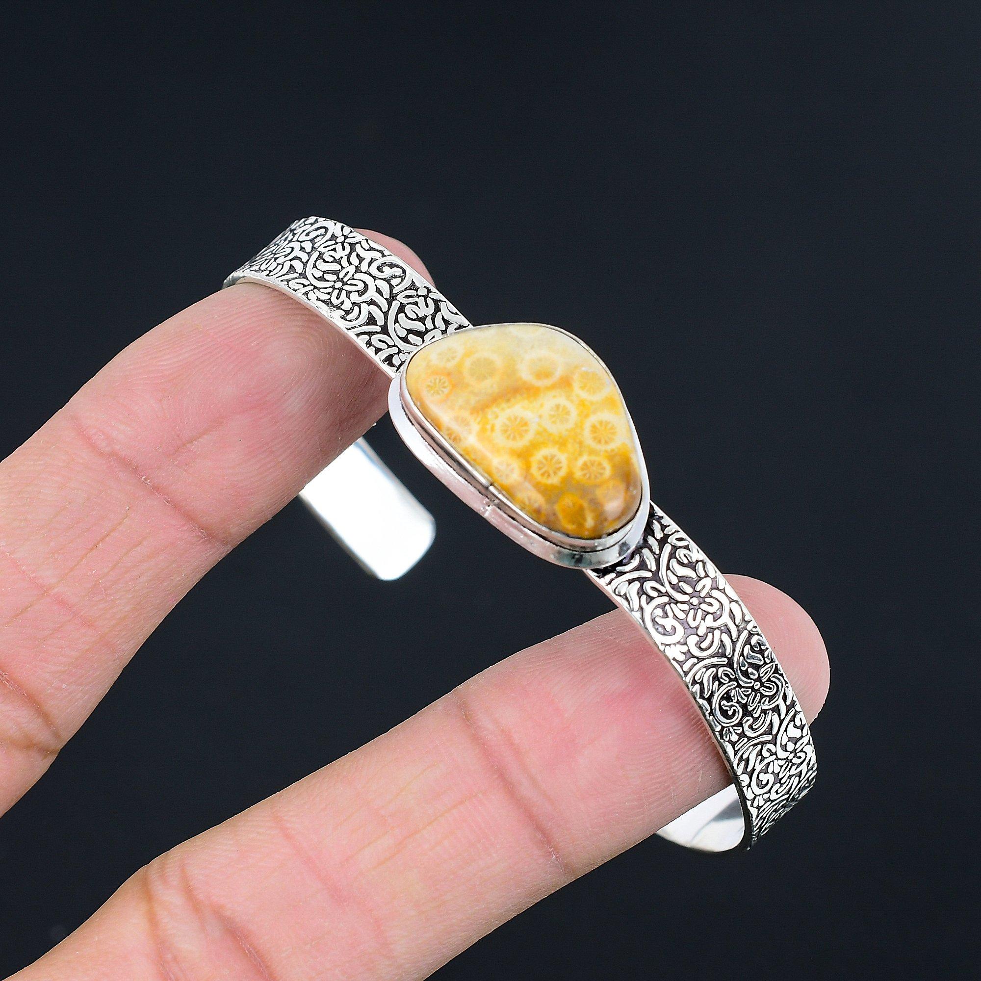 

Sisters Day Sale Trillion Fossil Coral Stone Handcrafted Boho Bangle 925 Silver Adjustable