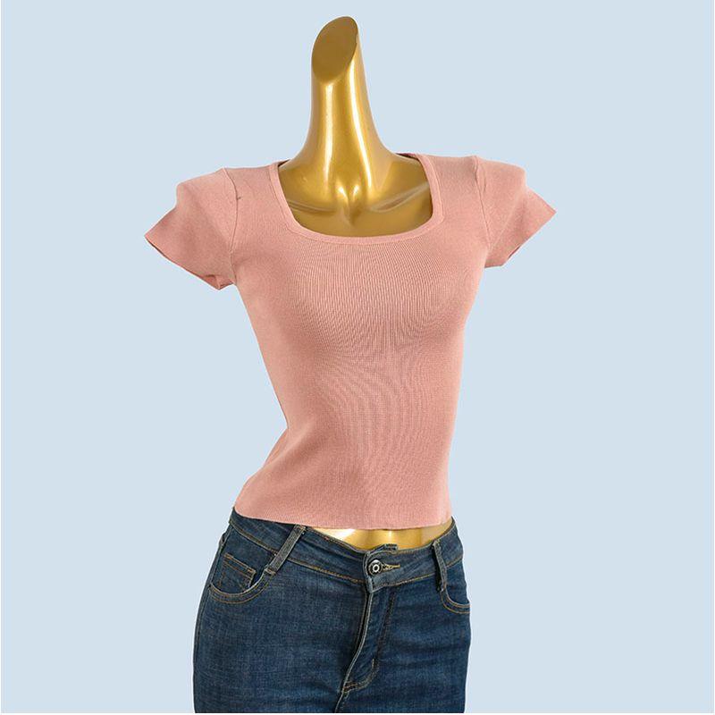 Knitted Simple Pleat Summer New Short sleeve knit Women Slim fit Slimming Square Collar Solid All-Match Base Top