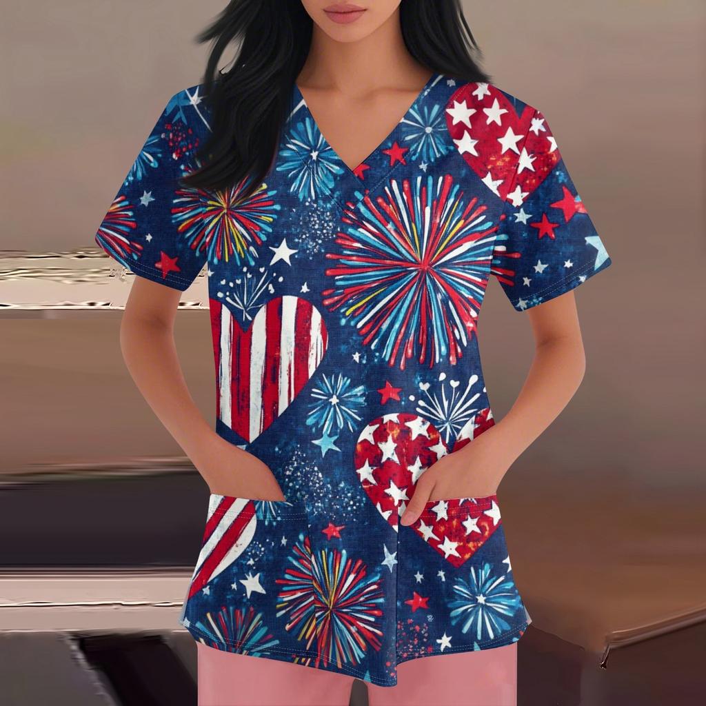Happy Valentine's Day Women's Fashion V-neck Short Sleeve Workwear With Pockets Tops