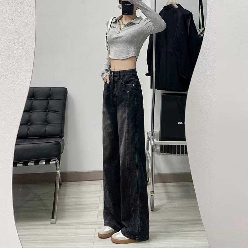 Trendy High-waisted Wide-leg Jeans for Women's Spring and Autumn New Loose and Versatile and Thin Meat-covering Floor-mopping Jeans