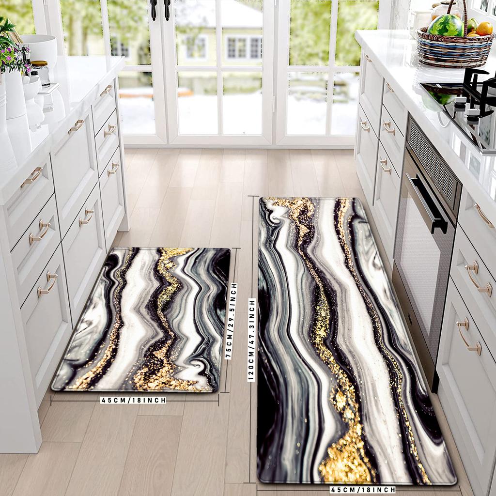 2 pieces/set Black Gold Marble Printed Kitchen Floor Mat Living Room Decoration Carpet Home Entrance Floormat Balcony Entrance