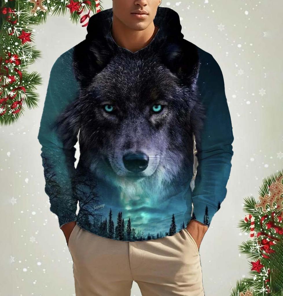 Men's Hooded Fashion Animal Wolf 3D Print Hoodies Top New Autumn Fashion Casual Long Sleeved Pullover Oversized Sweatshirts