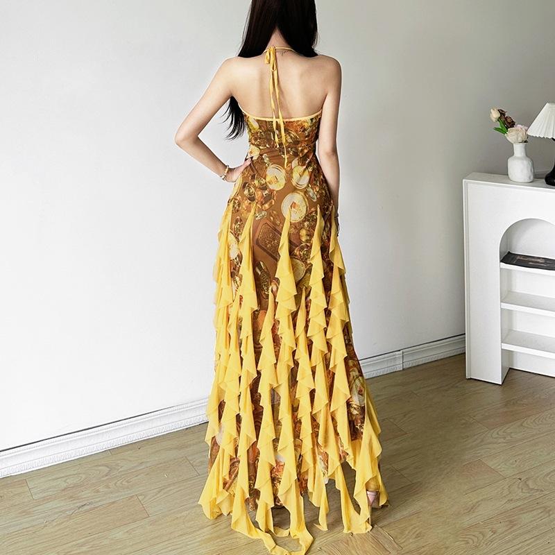 European and American Style Summer New Sexy Ruffle Edge Vacation Style Spice Girl Neck Suspender Skirt Woman