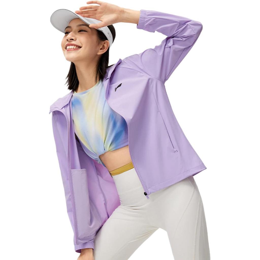 Li Ning Running Series Logo Hooded Insert Shoulder Sports Long Sleeve Windbreaker Women outerwear Crystal-Purple AFDU164-11