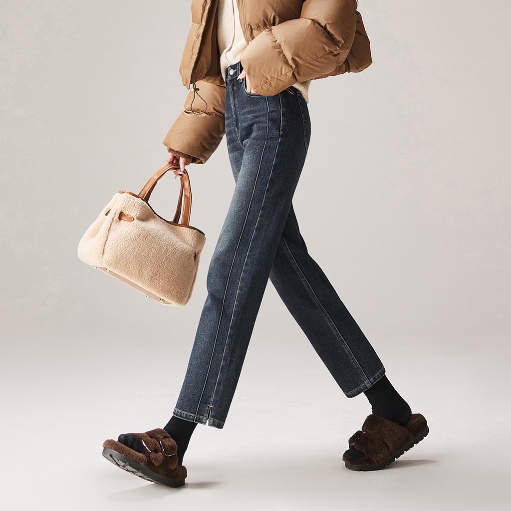 Micro Slit High Waisted Jeans for Women In Winter 2025, with Plush and Thick Warm Straight Leg Pants