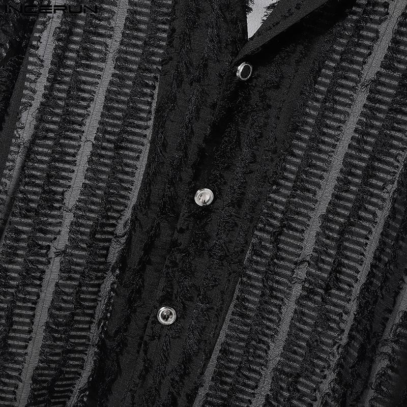 INCERUN Oversized Men Casual Lapel Neck Short Sleeve Tassel See Through Loose Shirts