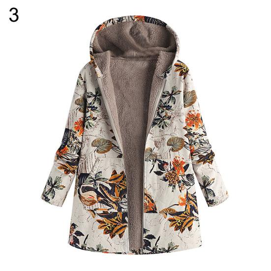 Winter Fashion Floral Leaf Print Fleece Lining Women Long Sleeve Hooded Coat