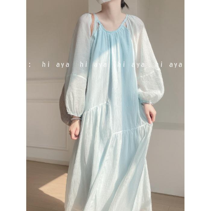 

[Original fabric + inner lining] Lazy wind glacier blue lantern sleeve dress women s autumn loose irregular long S