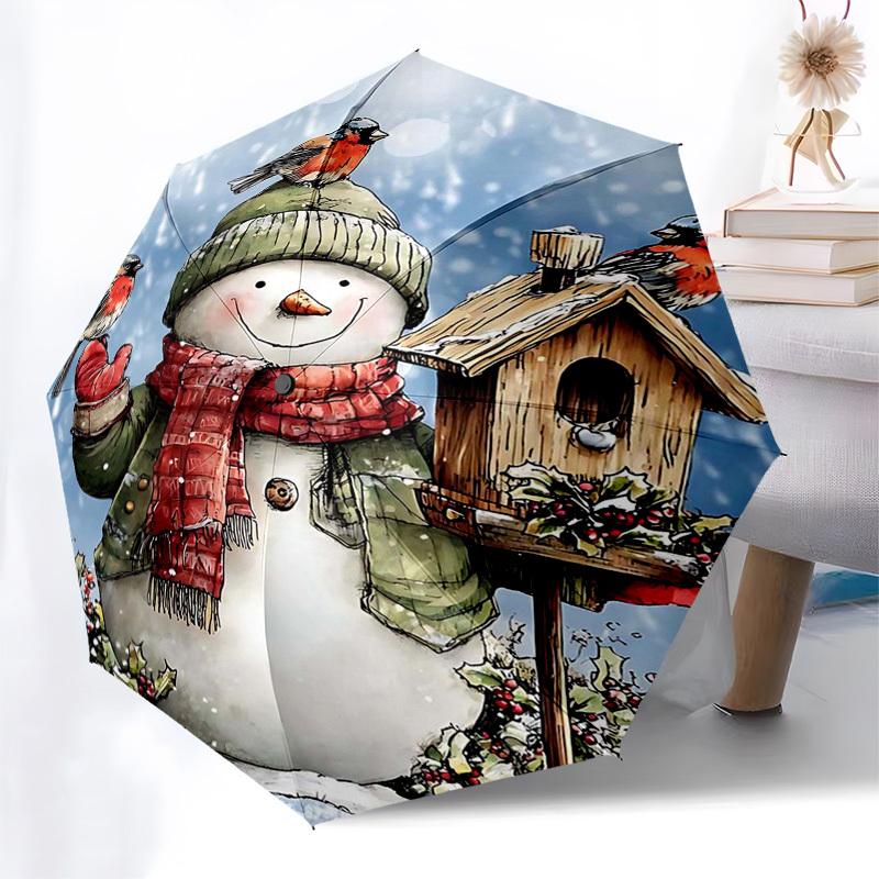 

1pc Winter Wonderland Snowman with Birdhouse Automatic Opening Umbrella with Foldable Design, 8-Iron Frame, Festive Gift for Fans, Travelers & Daily U