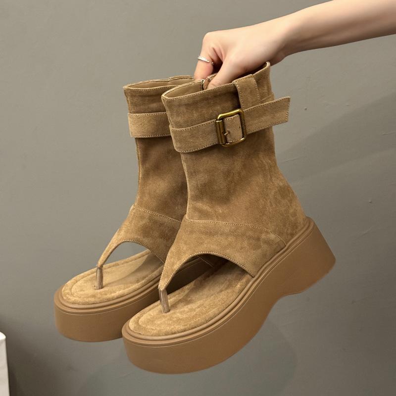 

Two Wear Flip-Toe Suede Cool Boots 2025 Новые ковбойские сапоги в стиле вестерн Spice Girls Брюки Длинные сапоги Сандалии Женские 40 хаки