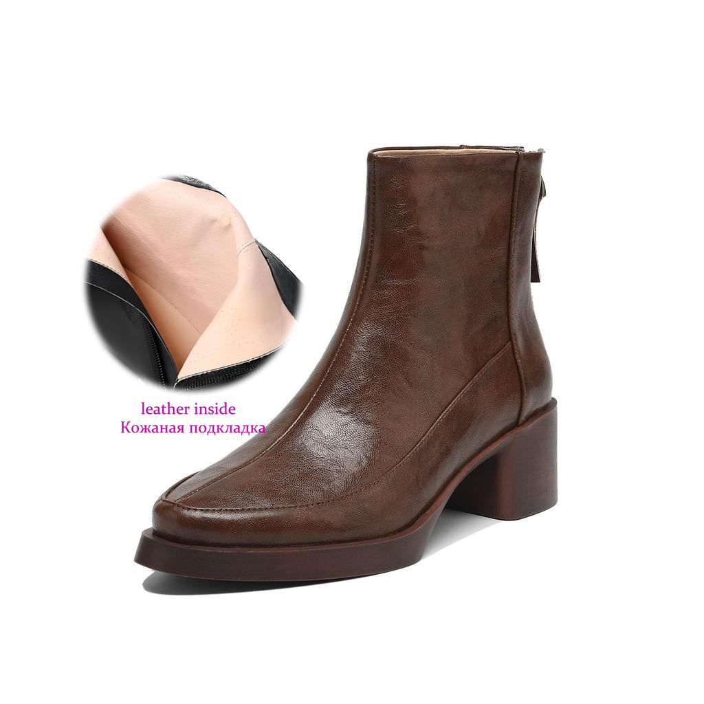 Krazing Pot Cow Skin Winter Round Toe Chunky Heels Motorcycle Boots Size 43 Zipper Women Platform Ankle Boots