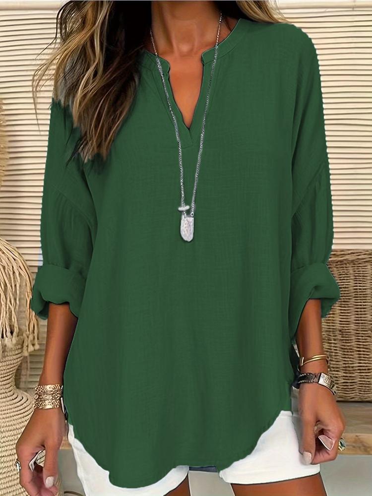 2025 Spring/summer New Large Size Female V-neck Solid Color Long-sleeved Shirt Elegant Ladies Blouse