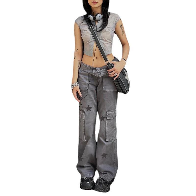 Retro Low-Rise Large Pockets Design Straight Leg Casual Cargo Jeans