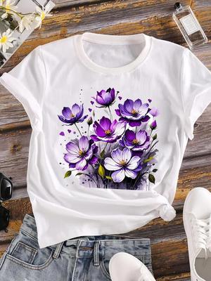 (Asiatische Größe) 90er Trend Pflanze Niedlich Kleidung Lässig Blume Mode Kurzarm T-Shirt Damen Tee Top Aufdruck Dame Weiblich Grafik T-Shirt