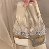 Fashion Summer New Style Mid-heel Shoes Women's Square Head Shallow Mouth Crystal Fine Strap Set Foot Slip-resistant Wear Slippers