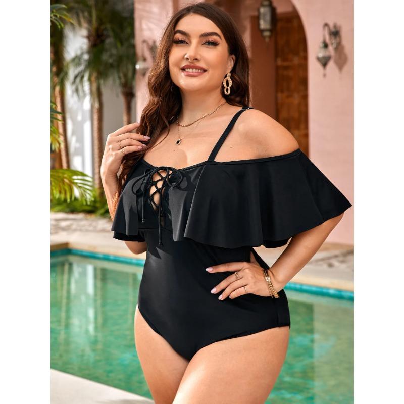 2025 Solide Träger Bademode in Übergröße Damen Verge Push Up Großer Einteiliger Badeanzug Rückenfrei Mollig Groß Badeanzug