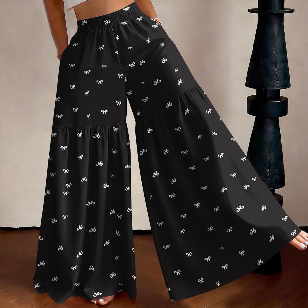 Damen High Waist Weite Beine Hose Lockerer Schnitt Leicht Fließend Bedruckte Lässige Hose Elastischer Bund Palazzo Hose
