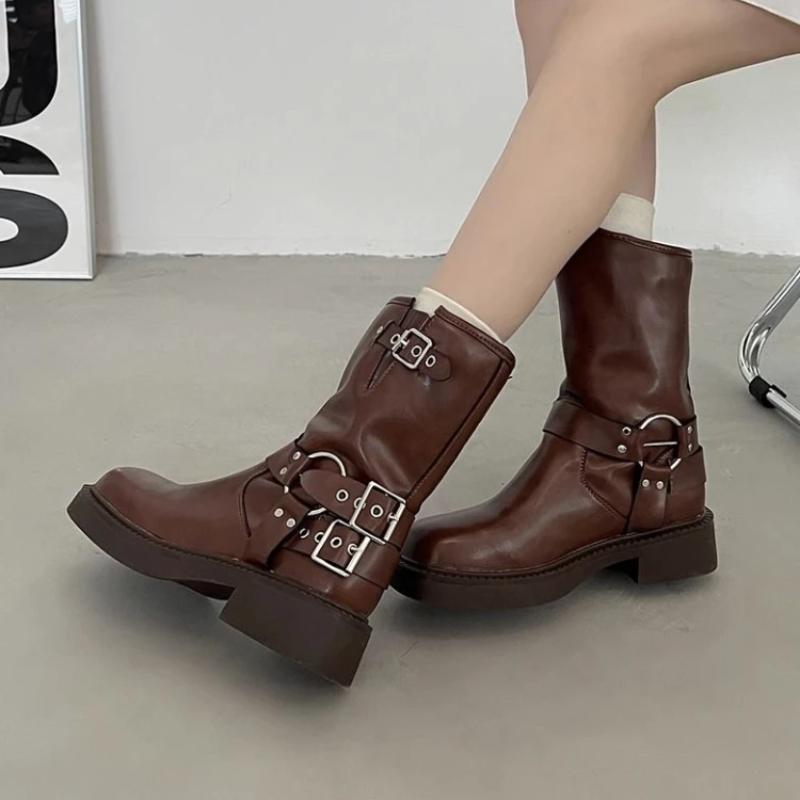 New In Ladies Mid Calf Shoes Brown Women's Half High Boots Platform Waterproof Chic and Elegant Winter 2025 Novelty On Promotion