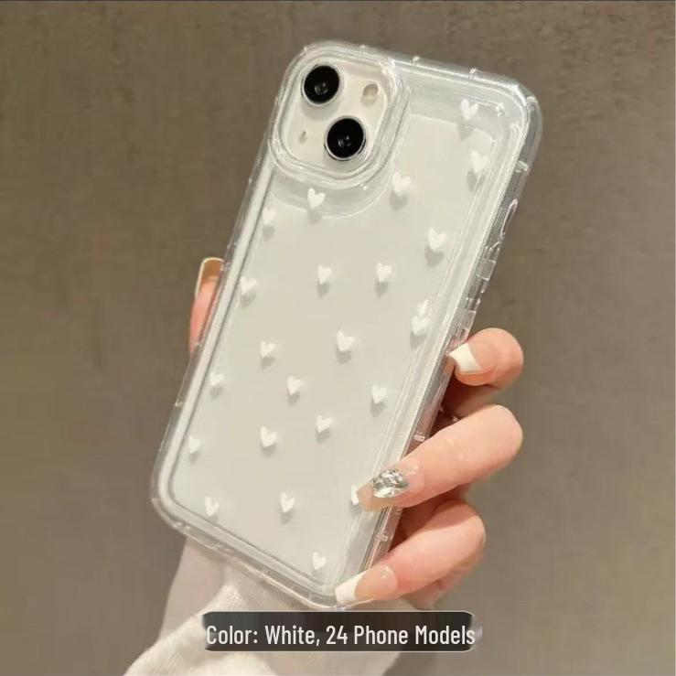 White Heart Drop-Proof Transparent Phone Case for iPhone 13-17 Pro Max - Full Coverage, American & European Style