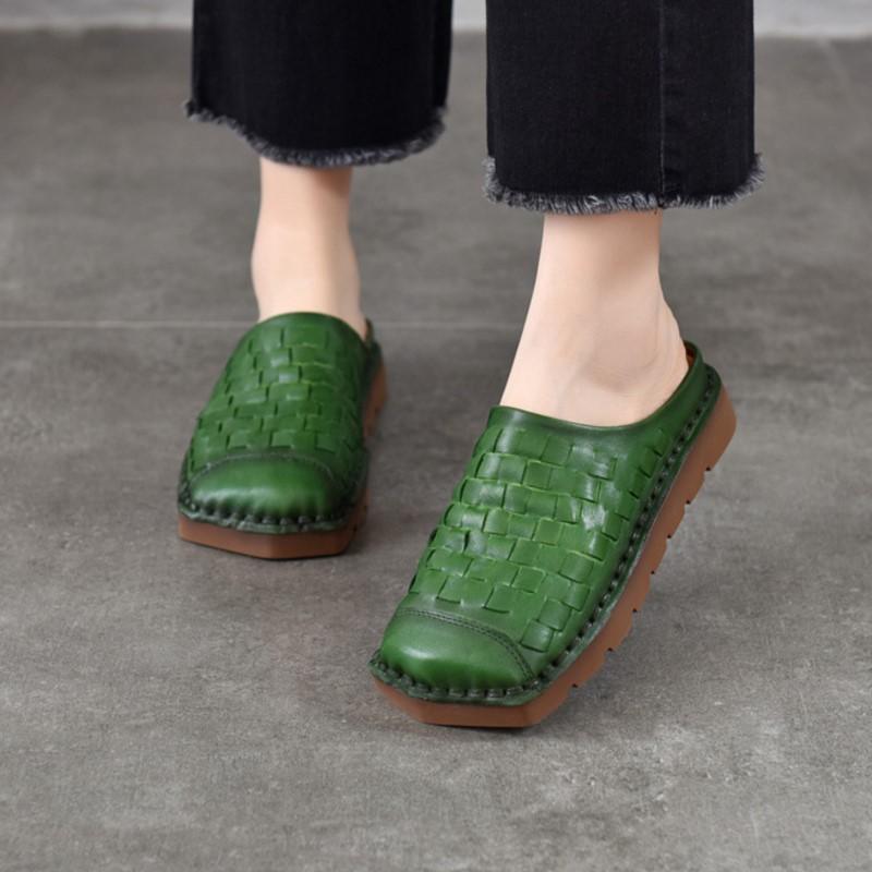 Johnature Genuine Leather Retro Weaving Square Toe Women's Slippers Versatile Outerdoor Flat Slip-on Shoes