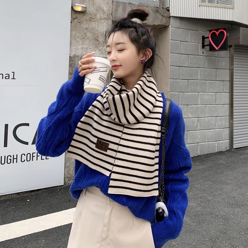 Chic style cute soft sister wool small scarf women's autumn and winter retro horizontal strip Korean version short thickened student scarf
