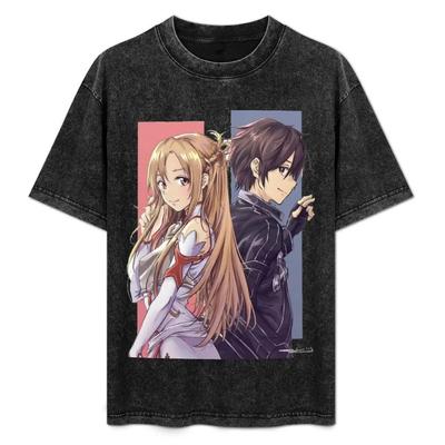 Sword Art Online Kirito & Asuna Vintage Washed T-Shirt Anime Paar Grafik Schwarzes Baumwoll Oversized Streetwear Tee