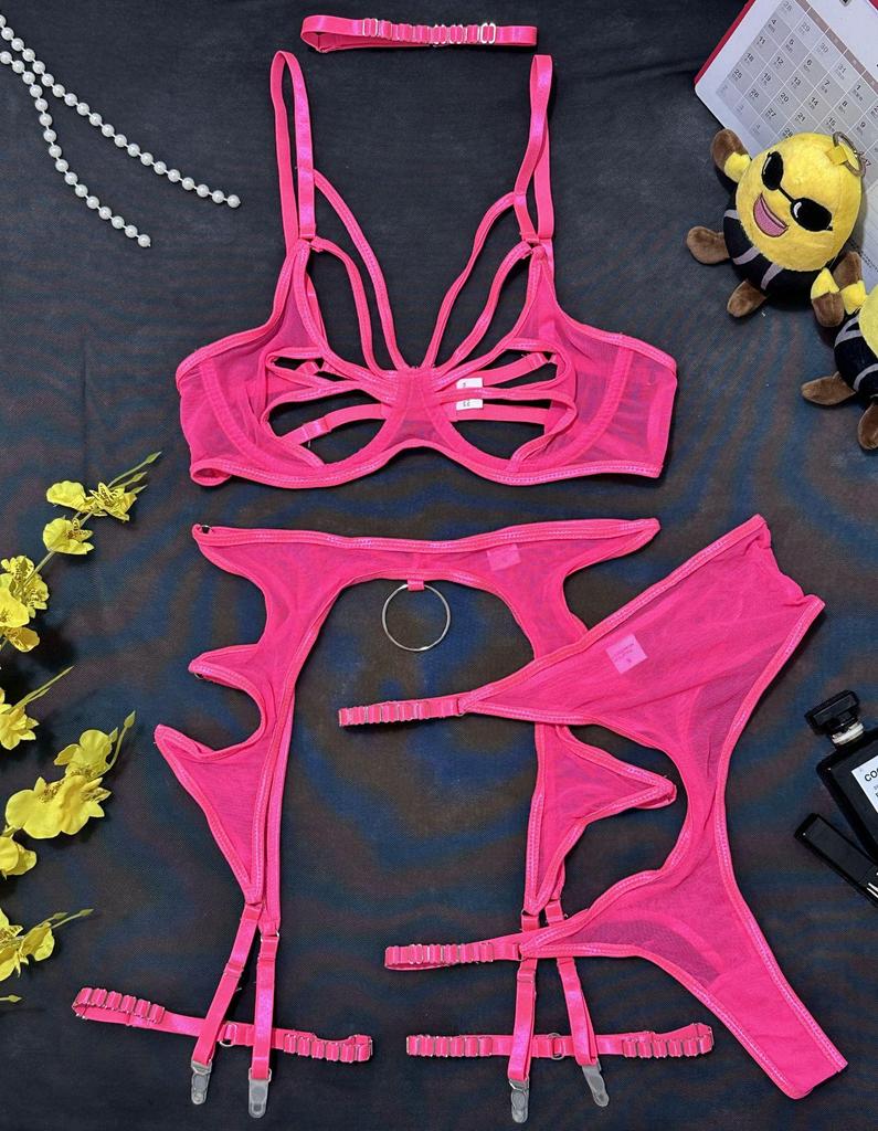 European and American Hot-Selling Erotic Lingerie: Sexy Hollow Mesh, Slim-Fit, Underwire, 4-Piece Set