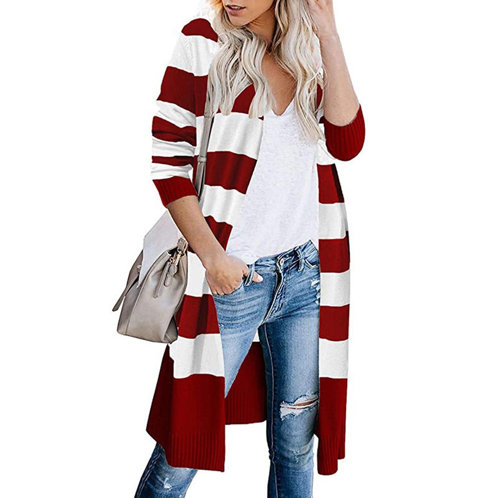 Women s Fashion Leisure Contrast Color Stripe Long Sleeved Cardigan Coat XXL красный