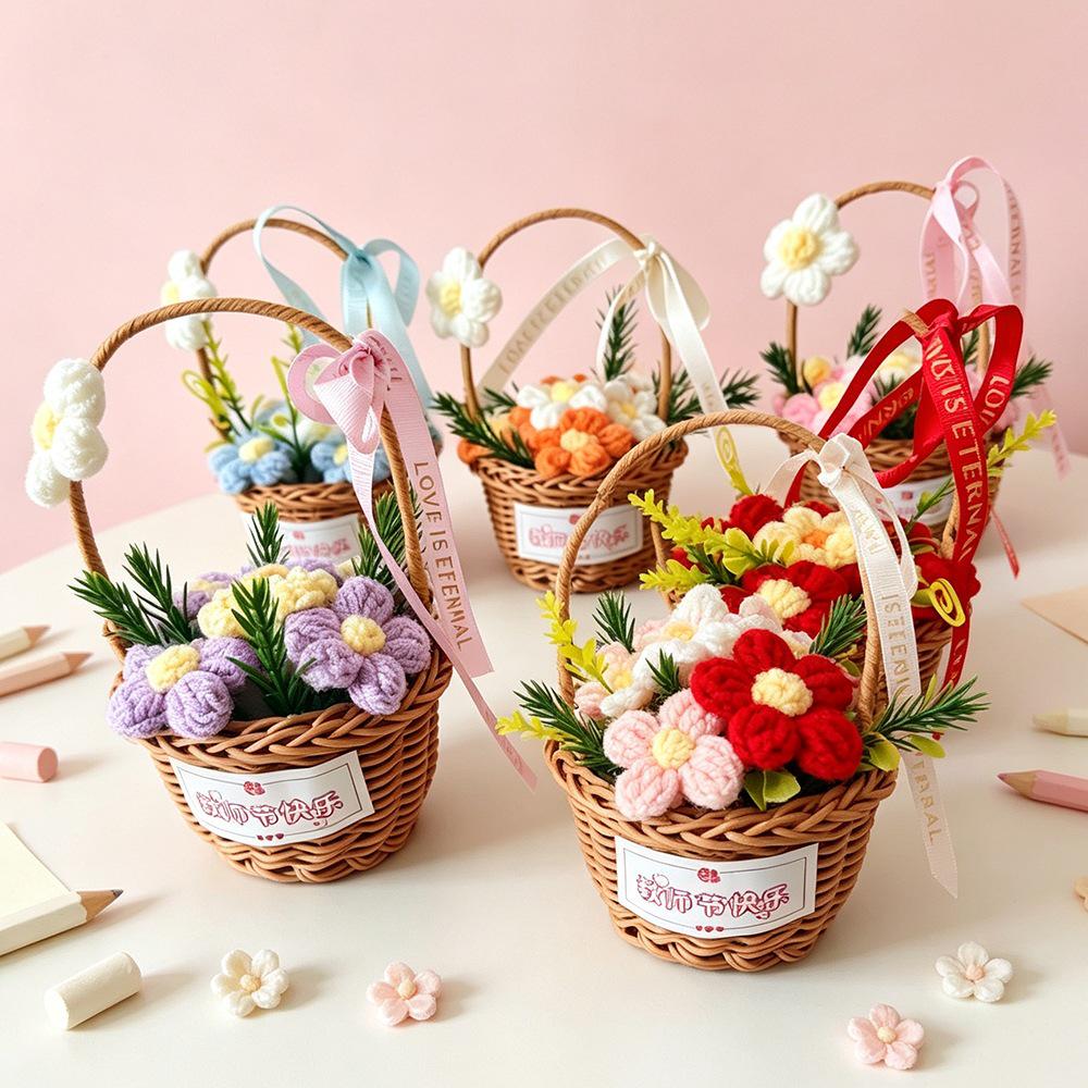 Hand-Knitted Yarn Flower Basket Gift for Teacher's Day