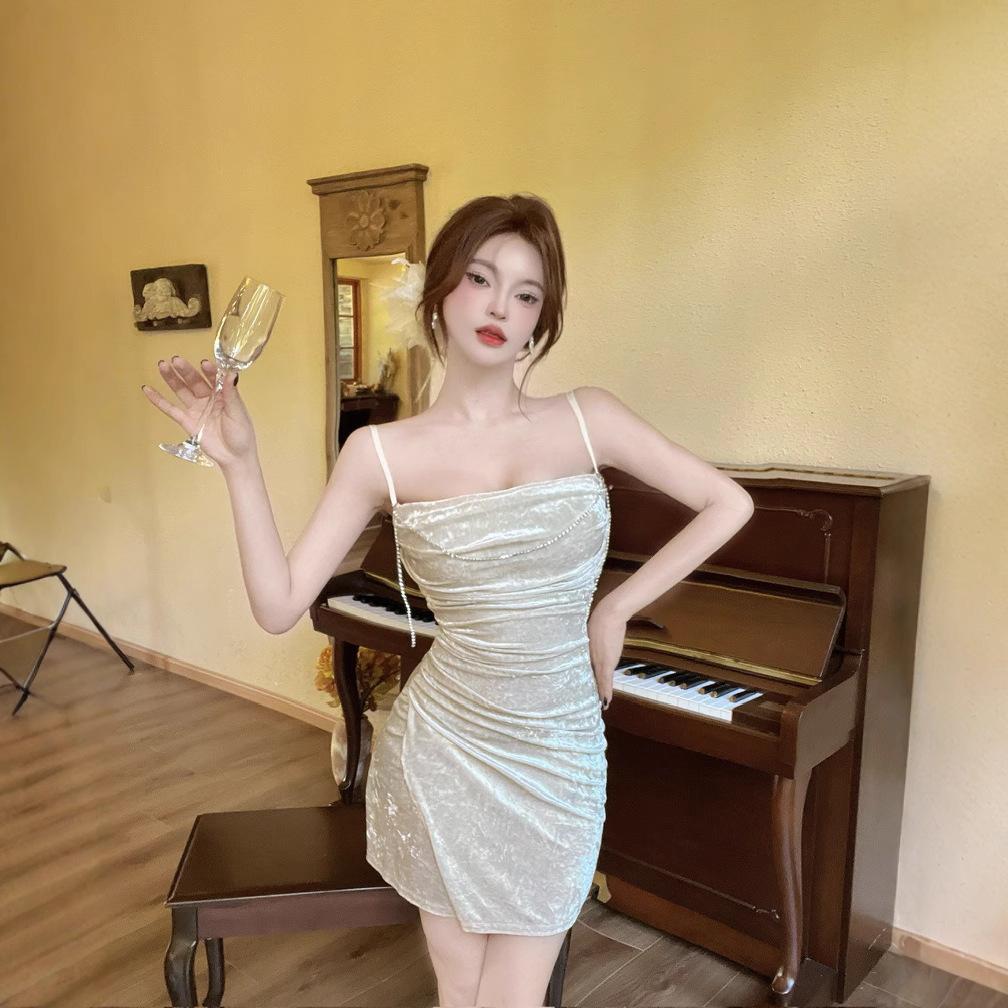 Temperament Golden Velvet Irregular Suspender Dress Nightclub Sexy Waist Pure Hip Wrap Bottom Dress