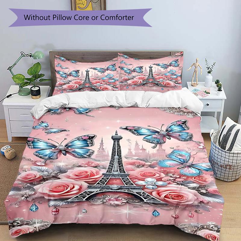 3pcs Parisian Butterfly & Rose Eiffel Tower Bedding Set, Includes One Quilt Cover and Two Pillowcases (No Core), Home Decor, Festival Gift