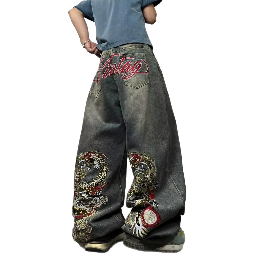 European and American high street loose wide-leg straight American Y washed retro embroidered trendy jeans