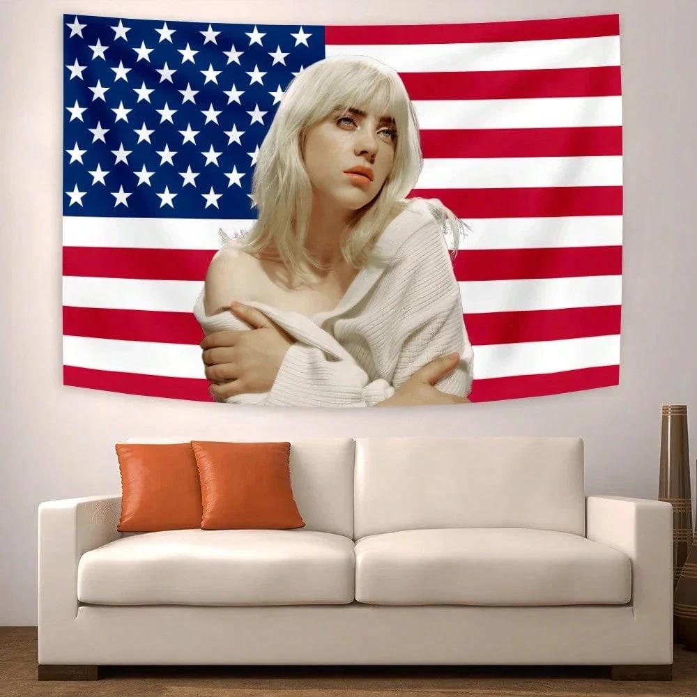 1 Stück Billie Eilish US-Flagge Wandteppich für Schlafzimmer Wohnzimmer, Polyester 2D-Druck, Coole Musikdekoration & Einzigartiges Fan-Geschenk