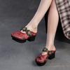 Johnature Etnische Stijl Dikke Hak Ronde Neus Buitenslippers Retro Bedrukt Echt Leer Dames Schoenen