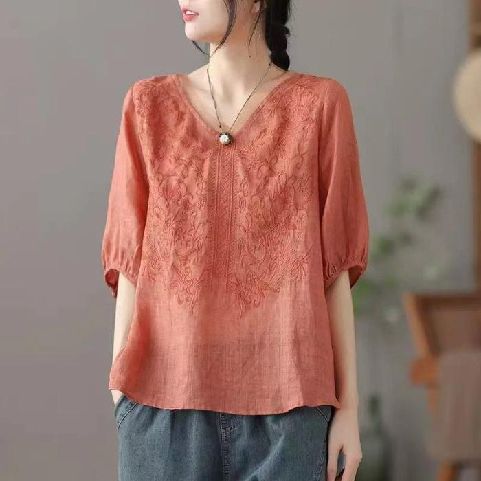 Retro Thin Blouse Women's Short-sleeved Shirt Summer Loose V-neck Temperament Cotton and Linen Shirt Apricot
