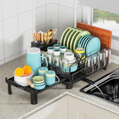Kitchen Dish Drying Rack Retractable Kitchen Organizr Over Sink Plate Drainer with Drainboard Countertop Tableware Drainer