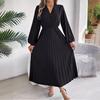 A Line Long Dress Women High Waist Pleated Solid Color V Neck Long Sleeve Spring Summer Fashion