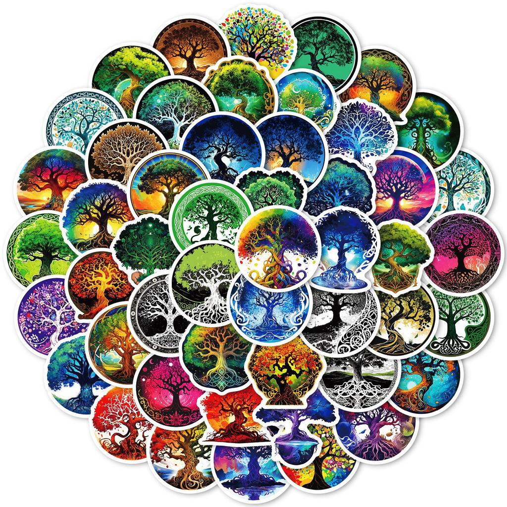 50 Sheets Of Tree Of Life Hand Account Literary Stickers Creative Totem Pattern Retro Mobile Phone Case Water Cup Computer Decorative Stickers