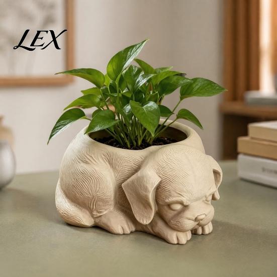 Small Green Plant Decorative Pot Cute Puppy Planter, 3D Printed Pot, Unique Matte White Planter Dog Shaped for Succulents Home Office Decor