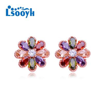 LSOOYH Blomörhängen Rose Gold Color Mode Örhängen För Kvinnor Geometri Cubic Zirconia Stud Örhängen Smycken