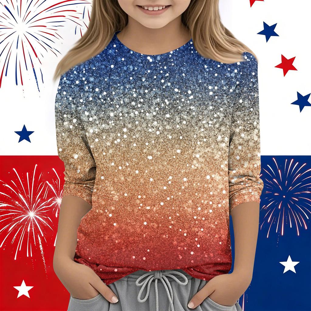 Print Tops For Youth Girls Round Neck 3/4 Sleeves T-Shirts Trendy Tops Outfit Tees Independence Day